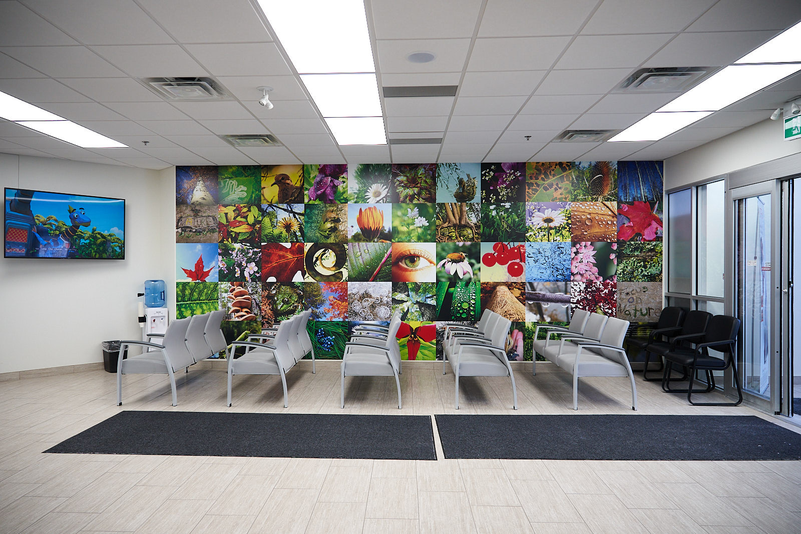 Waiting room with the nature photography mural