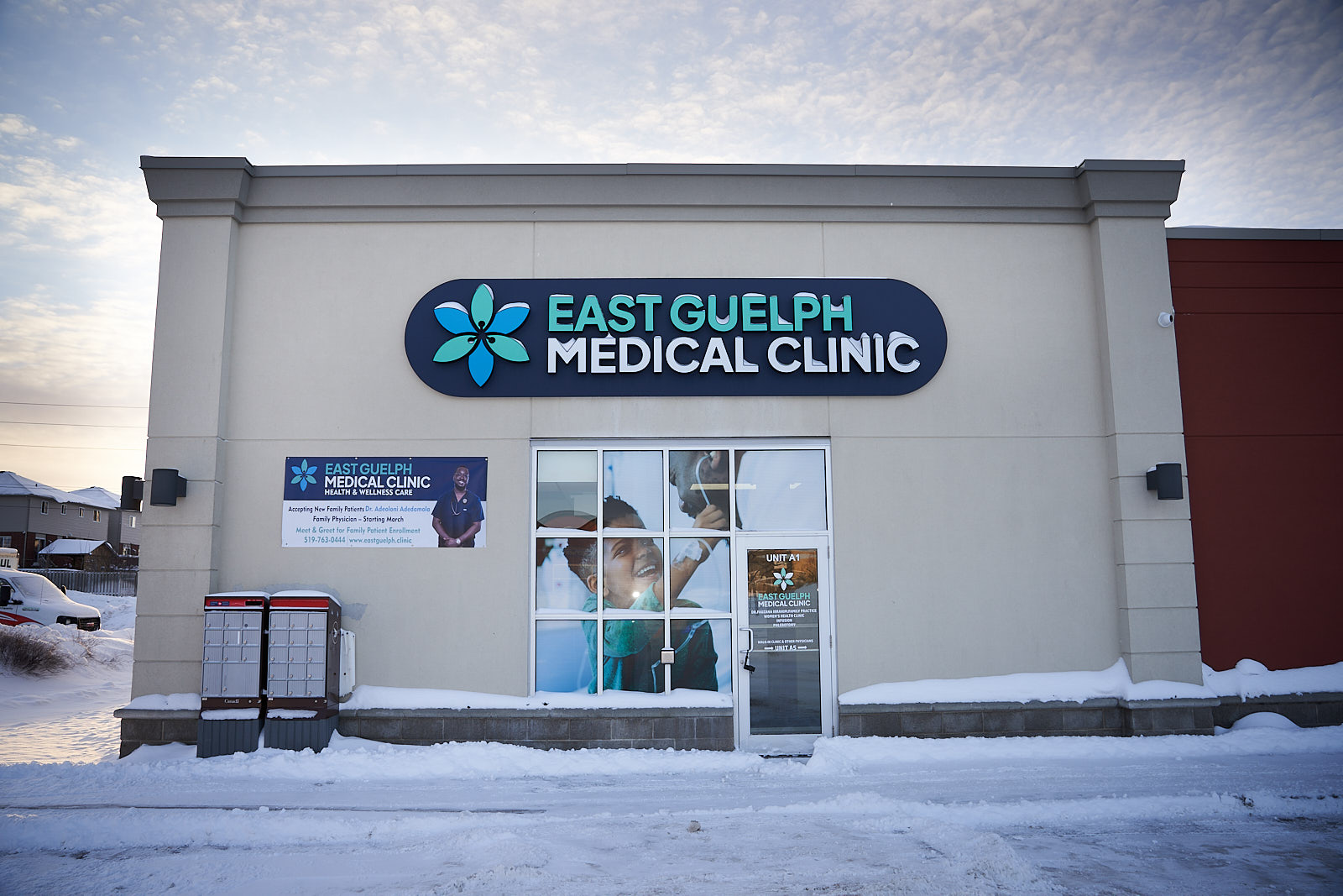 Unit A1 entrance and clinic signage on a winter morning
