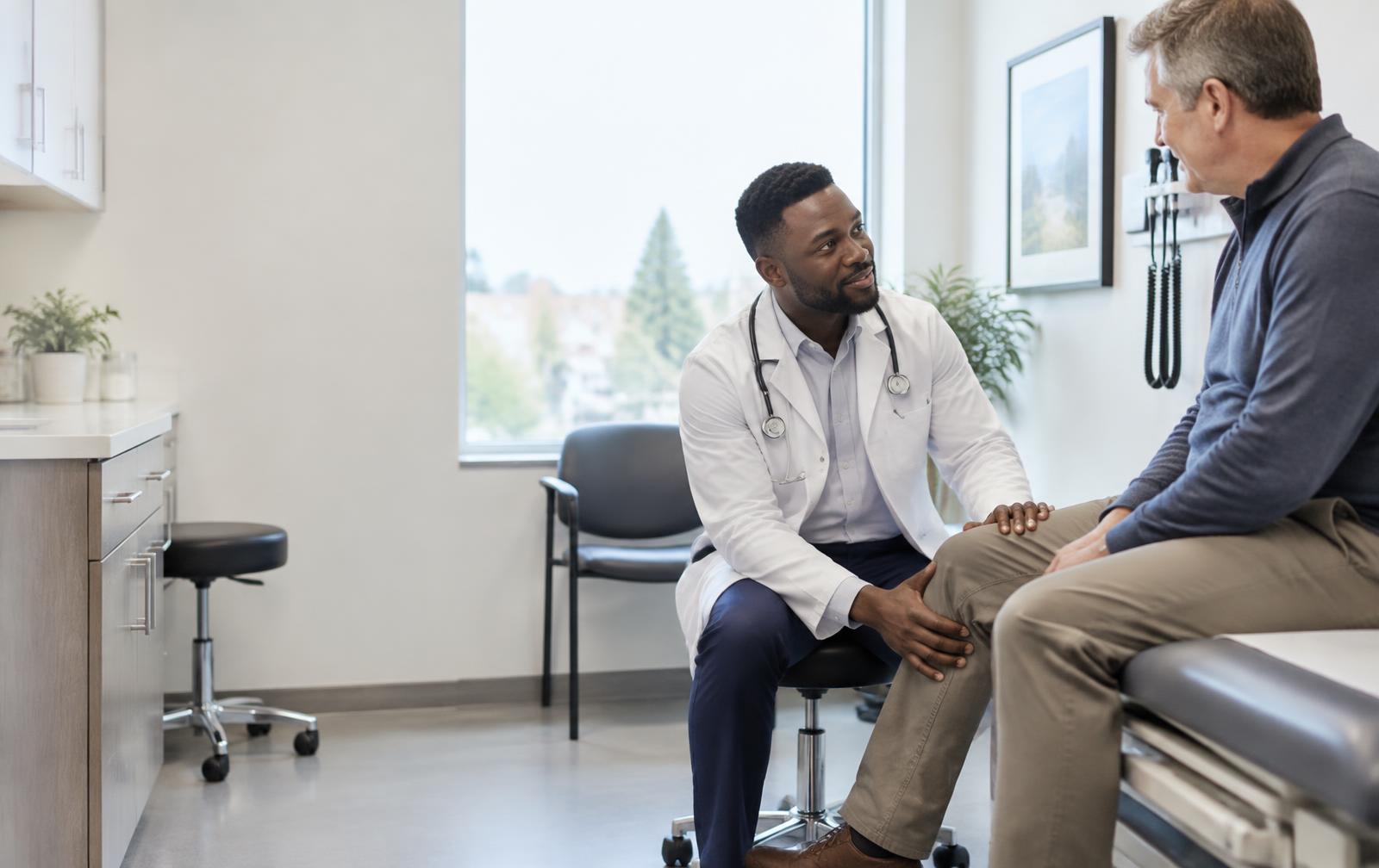 A physician assessing a patient's knee during a joint pain consultation